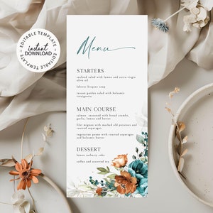 Teal and Orange Floral Menu Template, Editable Wedding Menu, INSTANT DOWNLOAD, Printable Fall Floral Shower Menu, 4x9, Templett, W277