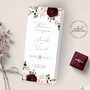 Burgundy and Pale Rose Wedding Program Template, INSTANT DOWNLOAD, Wedding Program Trifold, Catholic Church Wedding Ceremony Schedule, W170