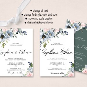 May include: A wedding invitation with a blue and pink floral design. The invitation reads "Together with their families, Sophia & Ethan, Request the honor of your company at their wedding, Saturday, August 29, Two thousand twenty-one, 4pm, Millennial Falls, 123 Main Street, Draper Utah, Reception to follow."