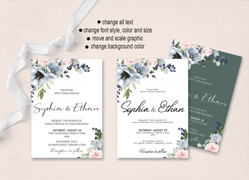 May include: A wedding invitation with a blue and pink floral design. The invitation reads "Together with their families, Sophia & Ethan, Request the honor of your company at their wedding, Saturday, August 29, Two thousand twenty-one, 4pm, Millennial Falls, 123 Main Street, Draper Utah, Reception to follow."