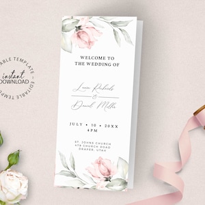 Editable Trifold Wedding Program Template, INSTANT DOWNLOAD, Catholic Church Folded Blush Floral Program, Foldable Ceremony Schedule, W66
