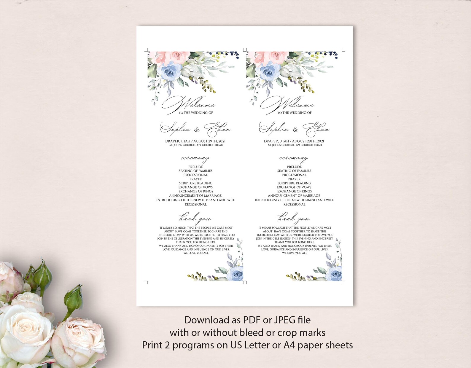 Floral Wedding Program template Editable INSTANT DOWNLOAD | Etsy