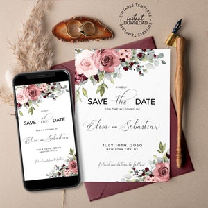 THEA - Editable Floral Save the Date Template, Pale and Dark Pink Roses Save the Date, INSTANT DOWNLOAD, Printable Dusty Red Save Dates, W25