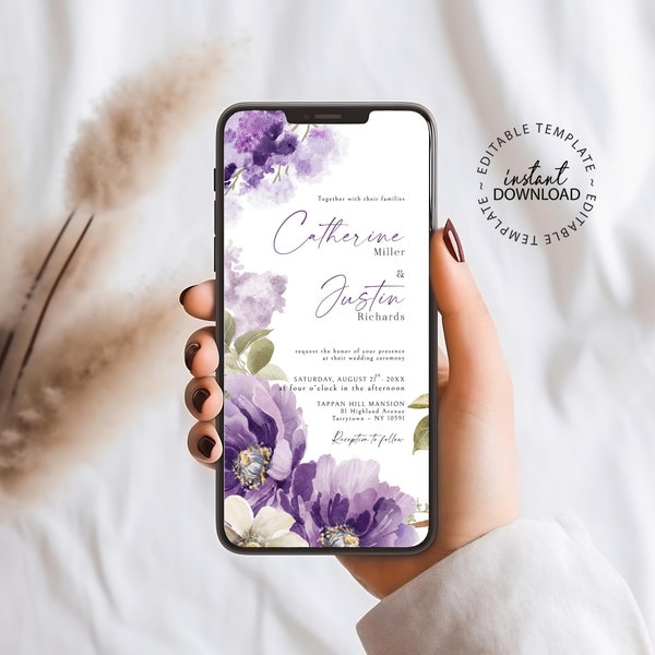 Editable Purple Floral Wedding Invitation Template, Smartphone Electronic Invite with Lilac Flowers, INSTANT DOWNLOAD, Digital Invite, W276