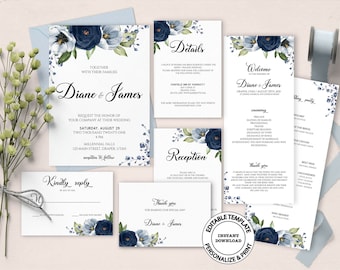 AVA - Navy and Baby Blue Wedding Invitation Template Set, INSTANT DOWNLOAD, Editable Wedding Invite Collection, Invitation Bundle, W01