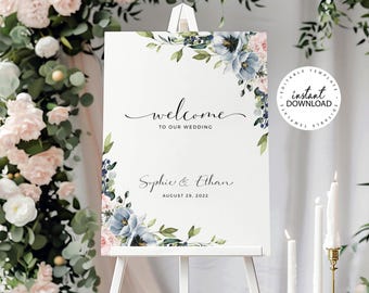 SERENE - Editable Wedding Welcome Sign Template, INSTANT DOWNLOAD, Blush and Pale Blue Floral Welcome Poster, Printable Signage, W34