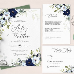 CHLOE - Pale Blue and Navy Floral Wedding Invitation Set, Editable Floral Wedding Invite, Rsvp and Details Card, INSTANT DOWNLOAD, W159