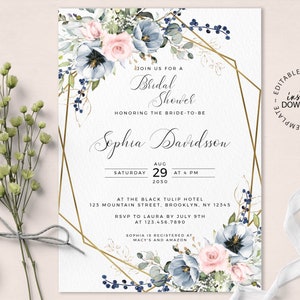 SERENE - Dusty Blue and Blush Floral Bridal Shower Invitation Template, Editable Light Blue and Pink Flowers Bridal Shower Invite, W34