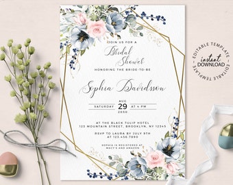 SERENE - Dusty Blue and Blush Floral Bridal Shower Invitation Template, Editable Light Blue and Pink Flowers Bridal Shower Invite, W34
