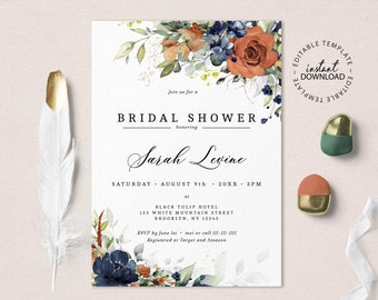 SIA - Fall Floral Bridal Shower Invitation Template, Editable Burnt Orange and Navy Blue Shower Invite, INSTANT DOWNLOAD, Templett, W208