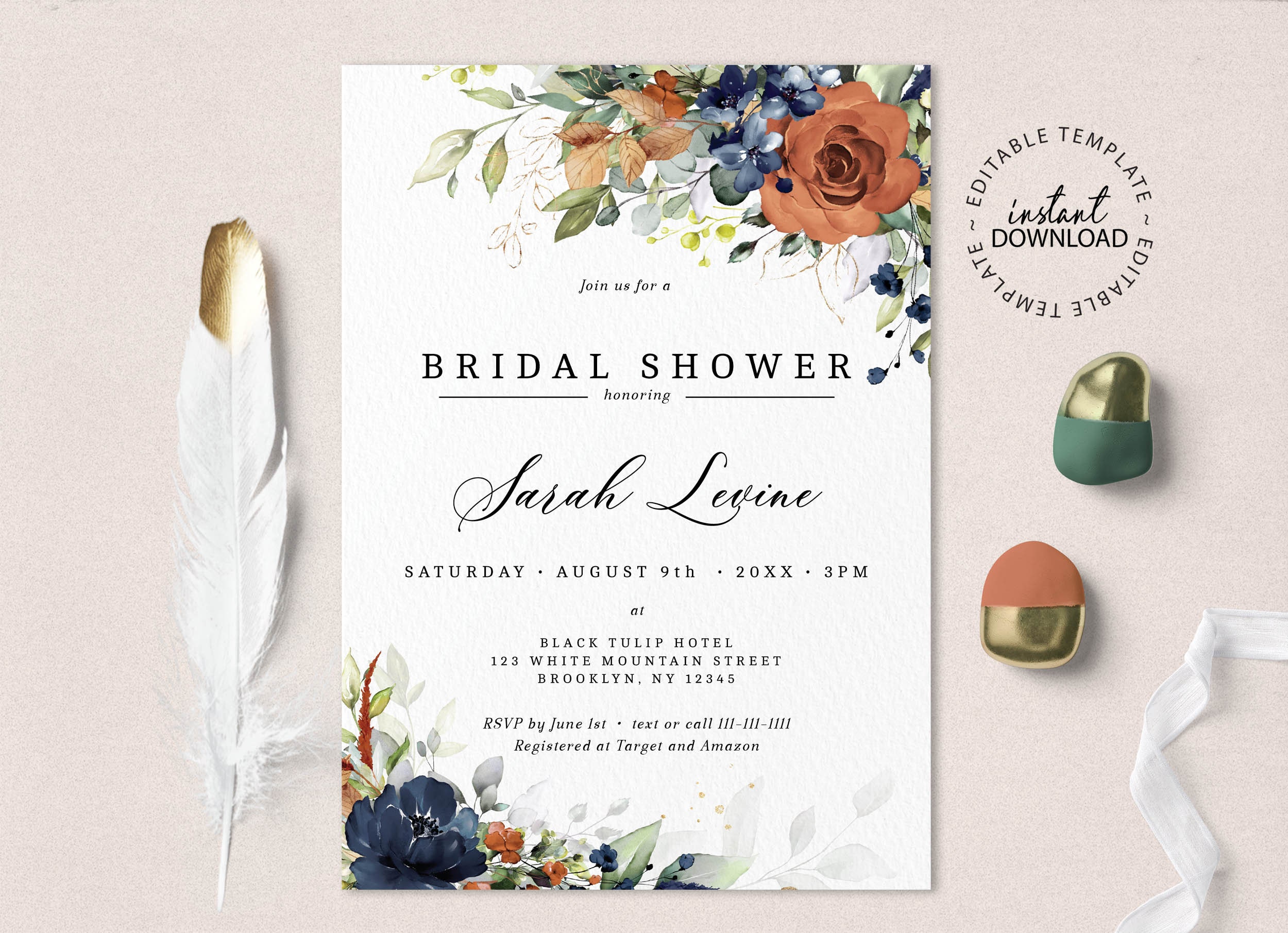 SIA - Fall Floral Bridal Shower Invitation Template, Editable Burnt Orange and Navy Blue Shower Invite, INSTANT DOWNLOAD, Templett, W208