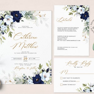 CHLOE - Blue and Gold Floral Wedding Invitation Template, Navy and Baby Blue Wedding Invite, Editable Invitation Set, INSTANT DOWNLOAD, W159