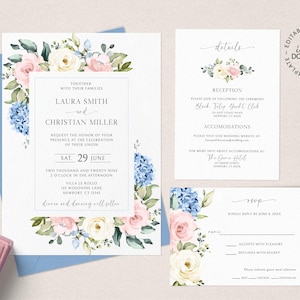 Editable Pink Blue and Ivory Wedding Invitation Set, INSTANT DOWNLOAD, Pale Rose and Baby Blue Floral Wedding Invite Rsvp and Details, W182
