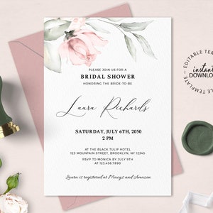 Bridal Shower Invitation Template, INSTANT DOWNLOAD, Editable Blush Floral Shower Invite, Pale Rose Invites, Printable Invitations, W66