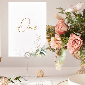 MEIRA - Printable Wedding Table Number, Greenery Wedding Table Numbers, Faux Gold and Green Foliage Table Numbers, INSTANT DOWNLOAD, W154
