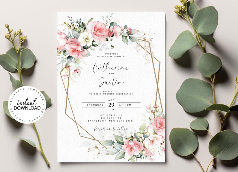Editable Floral Wedding Invitation Template, INSTANT DOWNLOAD, Pink ...