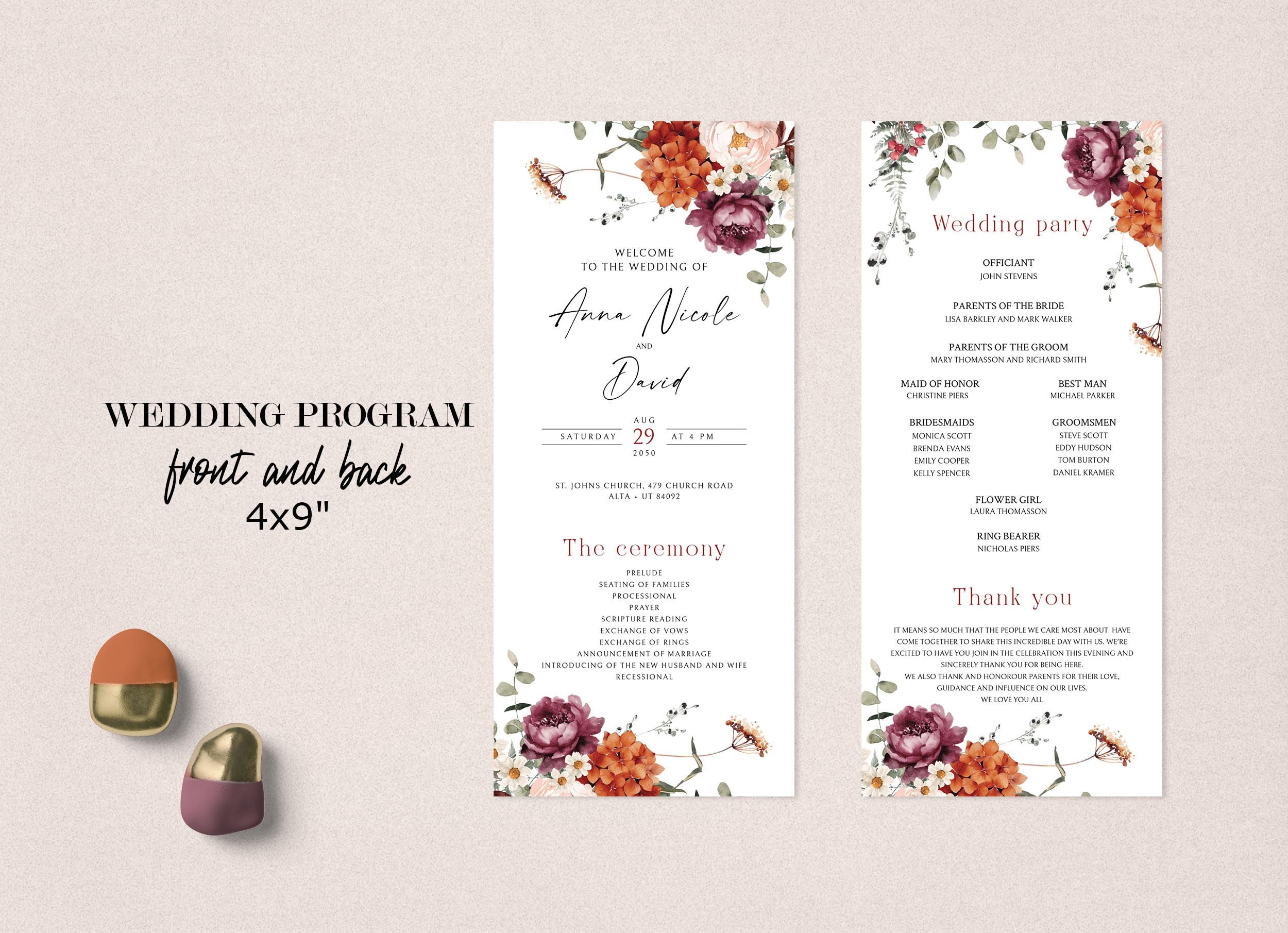 Fall Progrm Template Editable Fall Floral Wedding Program Template, INSTANT DOWNLOAD, Burnt ...