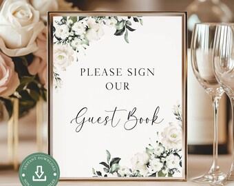 Witte bloemen bruiloft bord gastenboek: afdrukbaar 8 x 10 bord instant download, elegant bord voor babyshower en vrijgezellenfeest (W119)