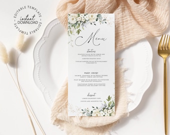 ARYA - Floral Wedding Menu Template with Cream White Roses, Editable Wedding Table Menus, INSTANT DOWNLOAD, Printable for Shower Brunch, W79