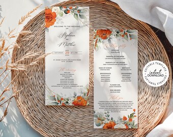 Wedding Program Template: Editable Orange and White Floral Church Ceremony Order of Service, Instant Download (W230)