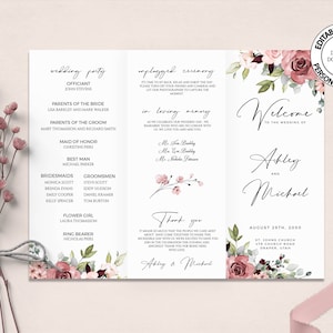 THEA - Editable Trifold Wedding Program Template, Blush Pink Floral Folded Programs, Catholic Church Printable Wedding Ceremony Program, W25