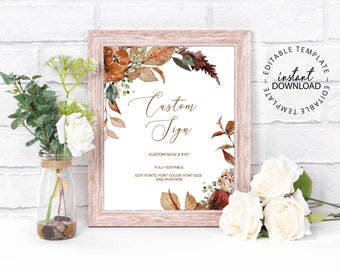 May include: Printable 8x10 inch sign template with a watercolor floral design in shades of orange, red, and green. The text "Custom Sign" is written in a gold script font. The sign is fully editable and can be customized with different fonts, colors, and sizes.