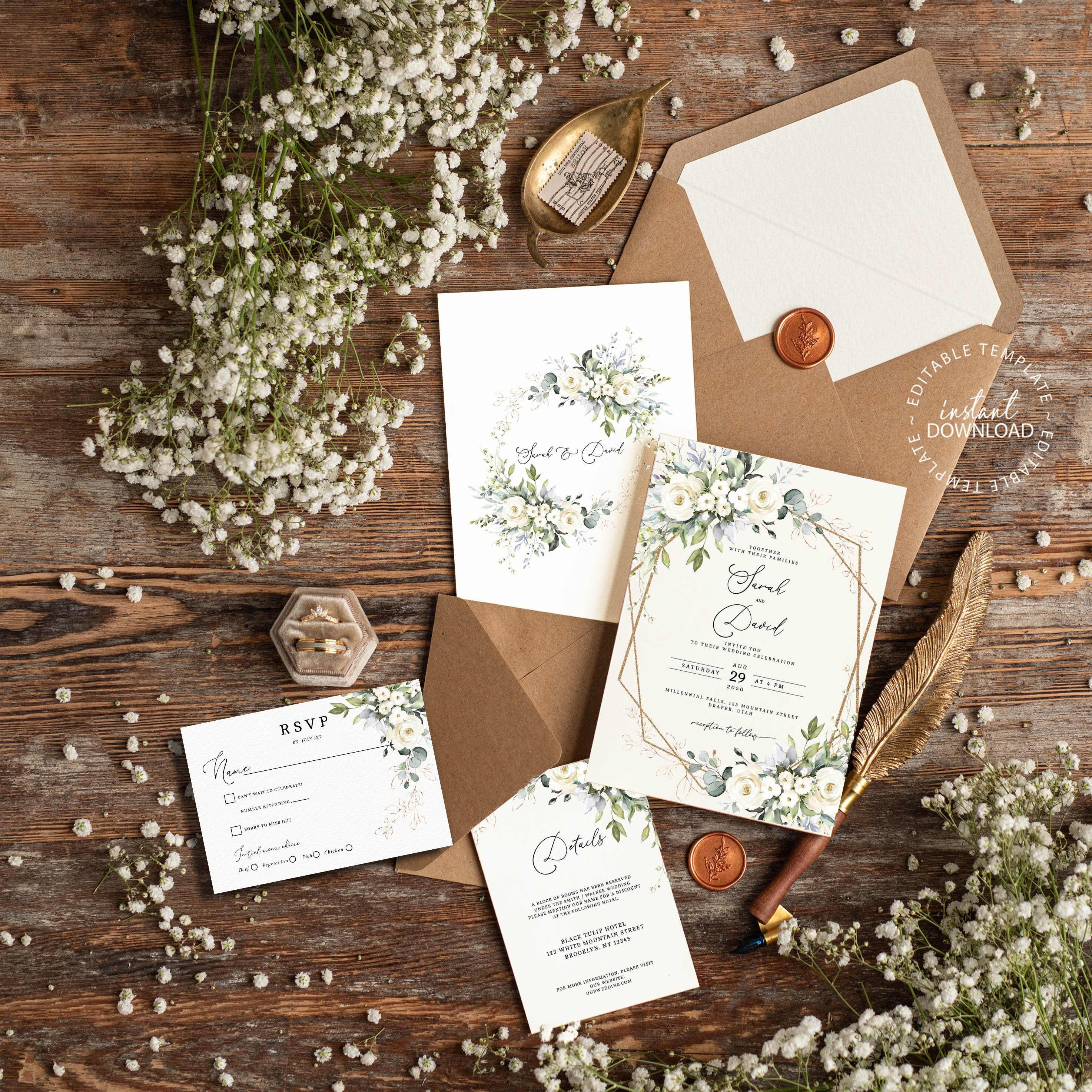 ARYA - White Floral Wedding Invitation Set, Editable Cream White ...