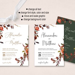 May include: A wedding invitation with a white background and a floral design in shades of red, orange, and brown. The text reads "Alexandra and Matthew" and includes the date and time of the wedding. The invitation also includes the location of the wedding and reception.