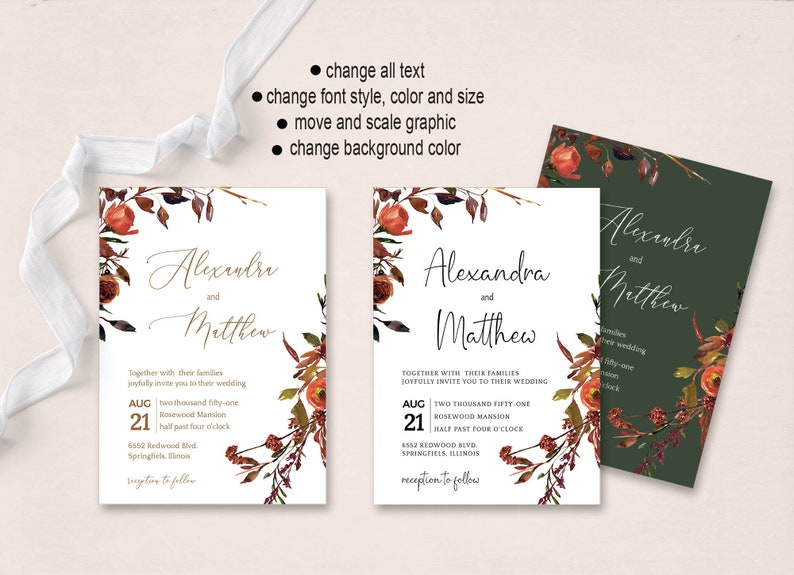 May include: A wedding invitation with a white background and a floral design in shades of red, orange, and brown. The text reads "Alexandra and Matthew" and includes the date and time of the wedding. The invitation also includes the location of the wedding and reception.
