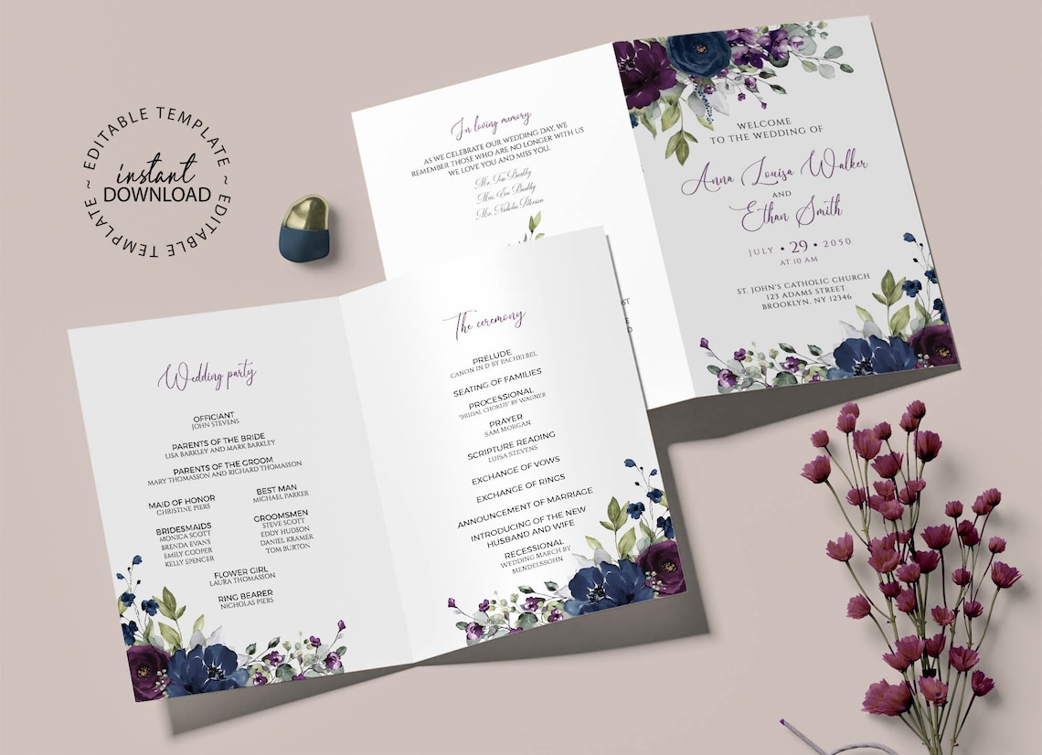 Editable Foldable Program Template, INSTANT DOWNLOAD, Purple and Blue ...