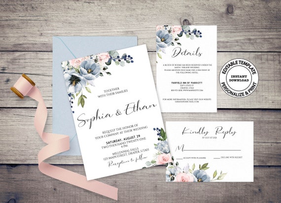 Dusty blue and blush wedding invitation suite, INSTANT DOWNLOAD, Blue and pink wedding invite, RSVP and details card, Floral invites, W34
