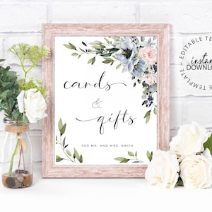 SERENE - Blue and Pink Floral Cards and Gifts Sign, Editable Template, INSTANT DOWNLOAD, 8x10 Portrait and Landscape Wedding Sign, W34