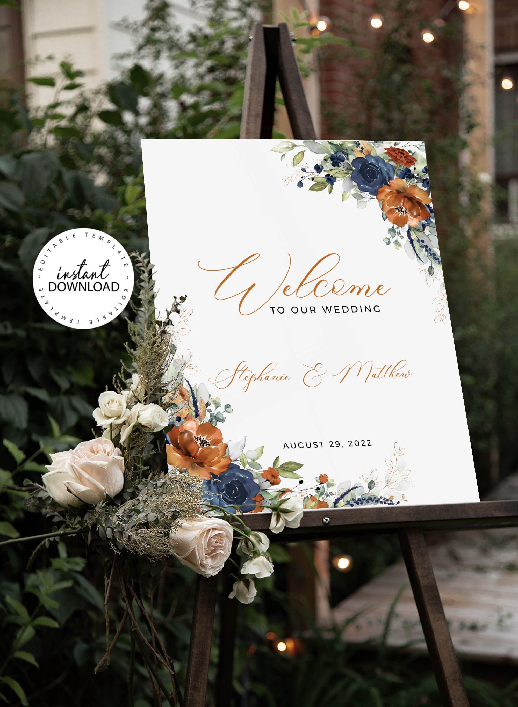 SIA - Burnt Orange and Blue Wedding Welcome Sign, INSTANT DOWNLOAD, Fall Floral Shower Welcome Poster, Editable Large Welcome Signs, W208