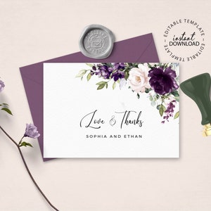 ELLIE - Dark Purple and Blush Floral Thank You Card, Editable Template, INSTANT DOWNLOAD, Flat or Fold, Plum Wedding Thank You Cards, W129