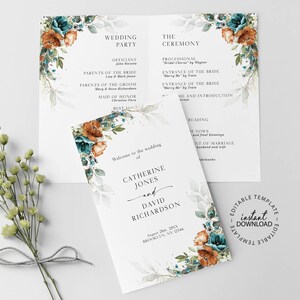May include: A wedding ceremony program template with a watercolor floral design in shades of teal, orange, and brown. The text reads "Wedding Party", "The Ceremony", "Welcome to the wedding of Catherine Jones and David Richardson", "August 28th, 2023", "Brooklyn, NY 12346", and "Editable Template - Instant Download".