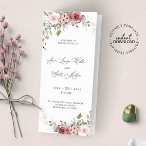 THEA GOLD - Editable Trifold Wedding Program Template, Blush Pink Floral Folded Programs, Catholic Church Printable Ceremony Program, W25