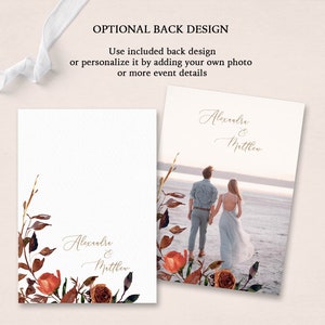 May include: Two wedding invitation back design options. The first option features a watercolor floral design with a couple's names in gold script. The second option features a photo of a couple on a beach with the same floral design.