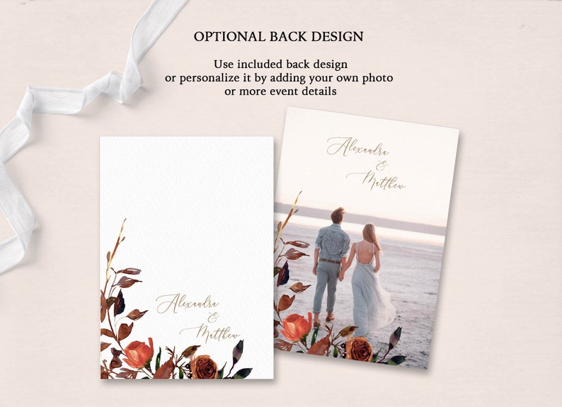 May include: Two wedding invitation back design options. The first option features a watercolor floral design with a couple's names in gold script. The second option features a photo of a couple on a beach with the same floral design.