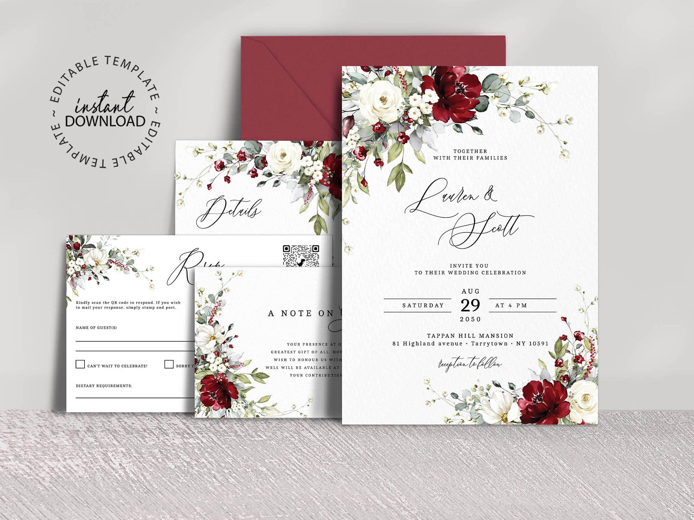 Editable Wedding Invitation Set With Red and White Florals, INSTANT ...