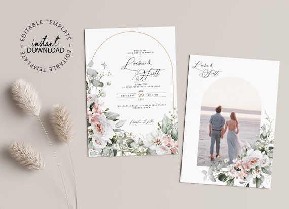 Pale Rose and White Wedding Invitation Template, Floral Arch Invitation, INSTANT DOWNLOAD, Digital Wedding Invites with Photo, W35