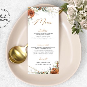 LYRA - Orange Floral Wedding Menu Template, Editable Floral Wedding Table Menus, INSTANT DOWNLOAD, Printable Shower Brunch Dinner Menu, W179