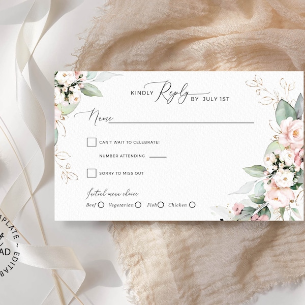 MILA - Editable Pale Rose Wedding Rsvp Template, INSTANT DOWNLOAD, Blush Floral Reply Card, Pink Flowers Response Cards, W124