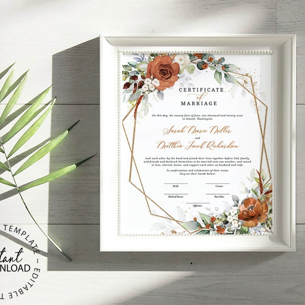 LYRA - Editable Certificate of Marriage, INSTANT DOWNLOAD, Terracotta Floral Wedding Certificate Template, Printable, W179