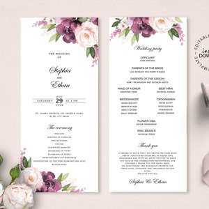 May include: A wedding program with a floral design featuring purple and white flowers. The program includes the names of the bride and groom, "Sophia and Ethan", the date and time of the wedding, and the order of events for the ceremony and reception.