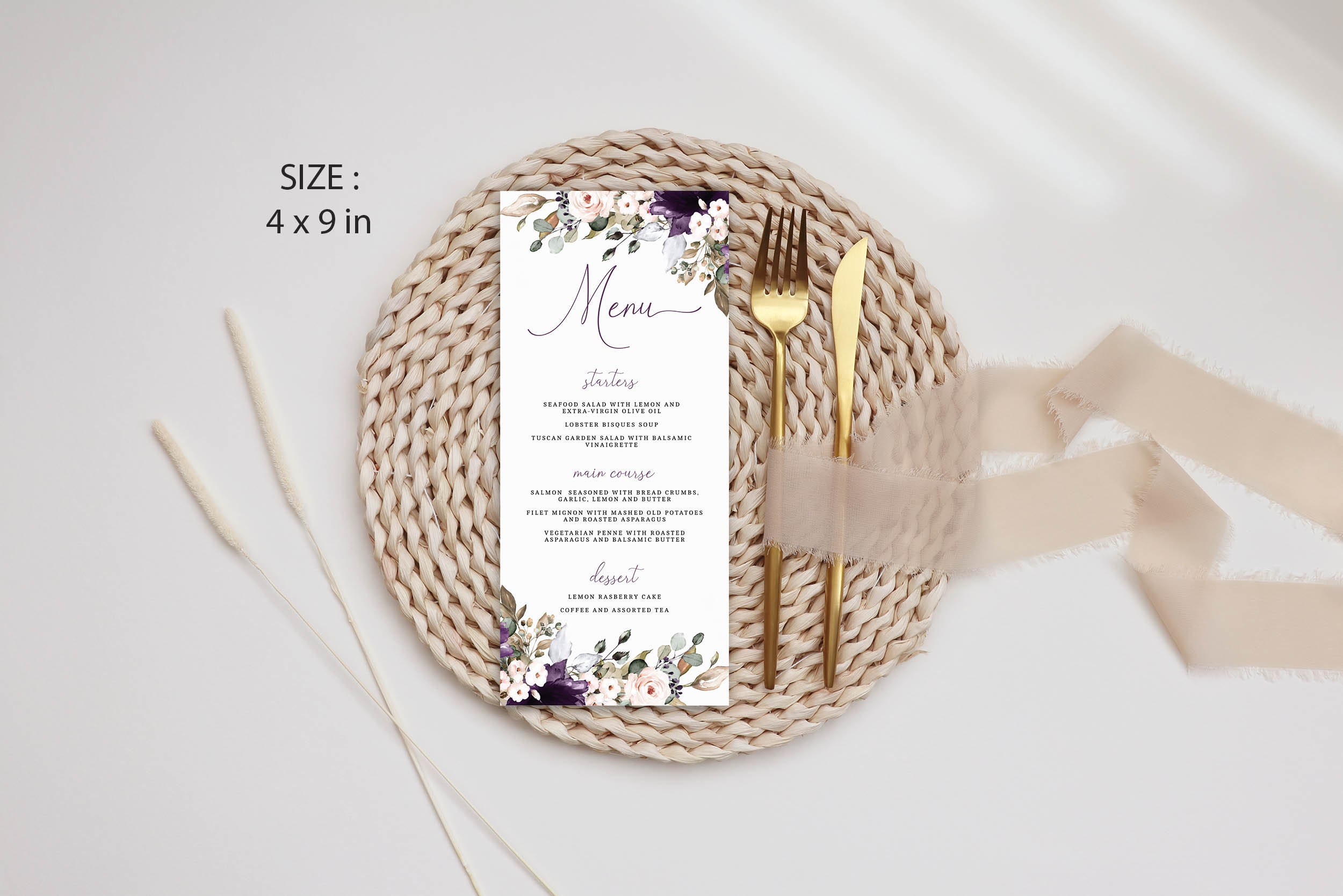 Purple and Pale Rose Floral Menu Template, Editable Wedding Table Menus ...