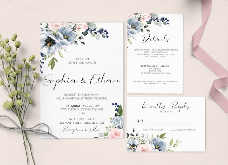 May include: A wedding invitation suite with a floral design featuring blue and pink flowers. The invitation includes the names "Sophia & Ethan", the wedding date, time, and location. The RSVP card includes the text "Kindly Reply by July 1st, 2021".