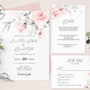 Pale Rose Floral Wedding Invitation Set, Editable Blush Pink Wedding Invite Template, Rsvp and Details Card, INSTANT DOWNLOAD, W66
