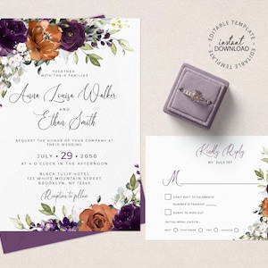 Editable Wedding Invitation Template, INSTANT DOWNLOAD, Purple and Burnt Orange Floral Wedding Invite, Dark Lilac Invite, W271