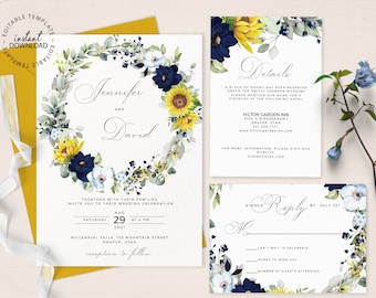 Sunflower Wedding Invitation Set, Editable Template, INSTANT DOWNLOAD, Navy and Yellow Wedding Invite, Rsvp Details Card, W190