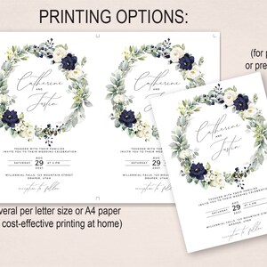 May include: Wedding invitation template featuring a watercolour wreath of white flowers, blue flowers, and green leaves. The text reads "Catherine and Justin" with the wedding date and location. The image shows printing options for 1-up and several per letter size or A4 paper.